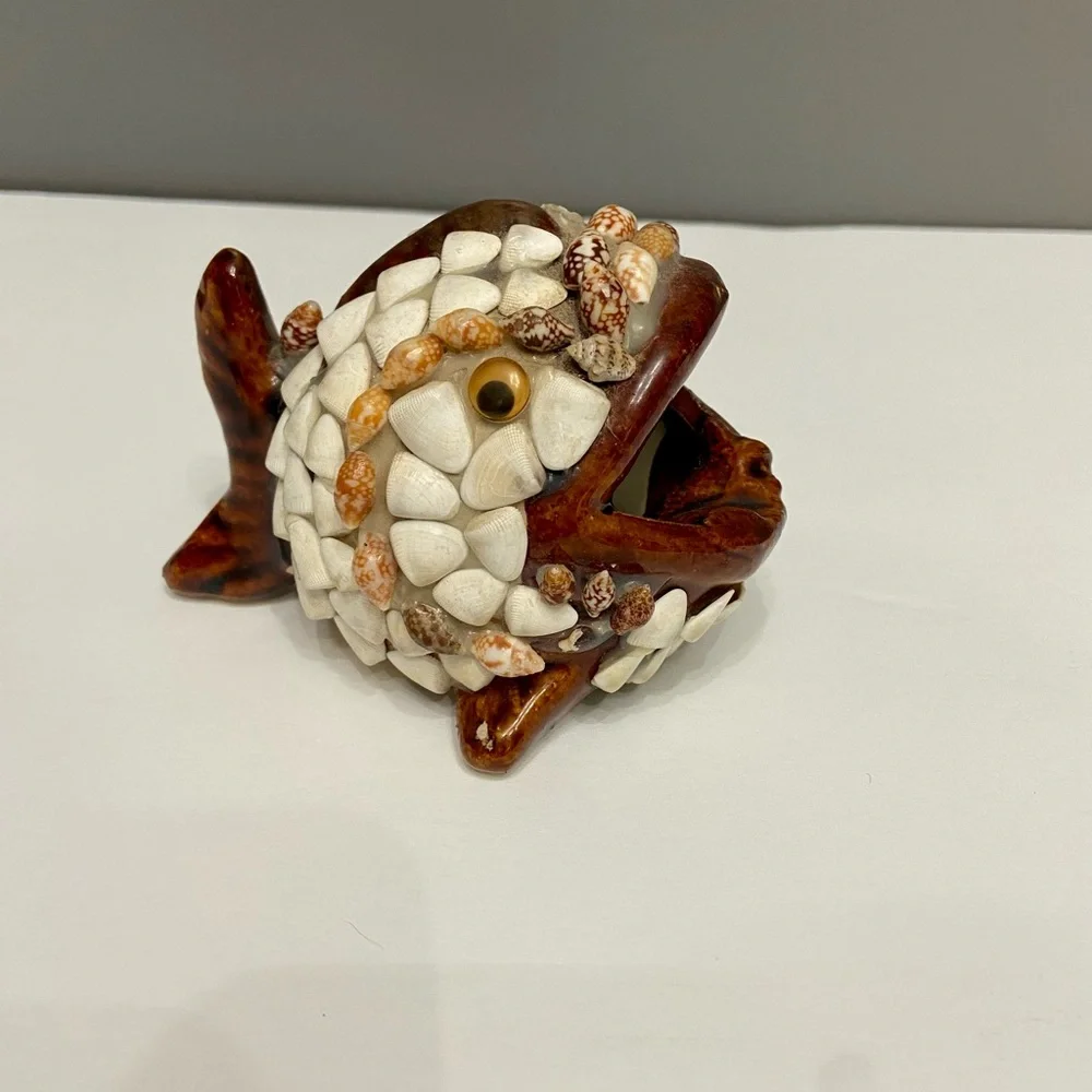 FOLK ART Wide Mouthed Shell Covered Whale Fish Ceramic Ashtray Boho Hippie Artsy